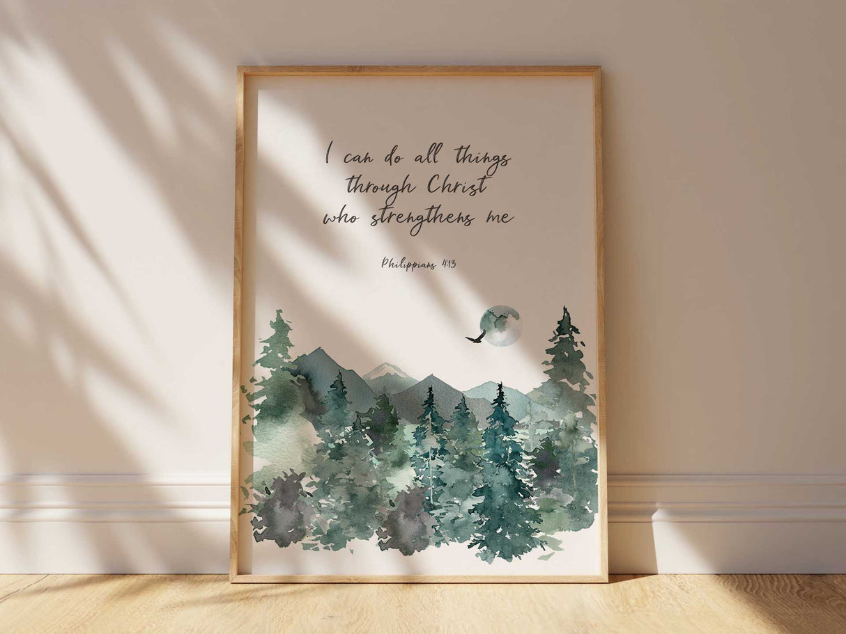 Christian Wall Art Mountain Scene Philippians 4:13, Bible Verse Print Nature Inspired Philippians 4:13