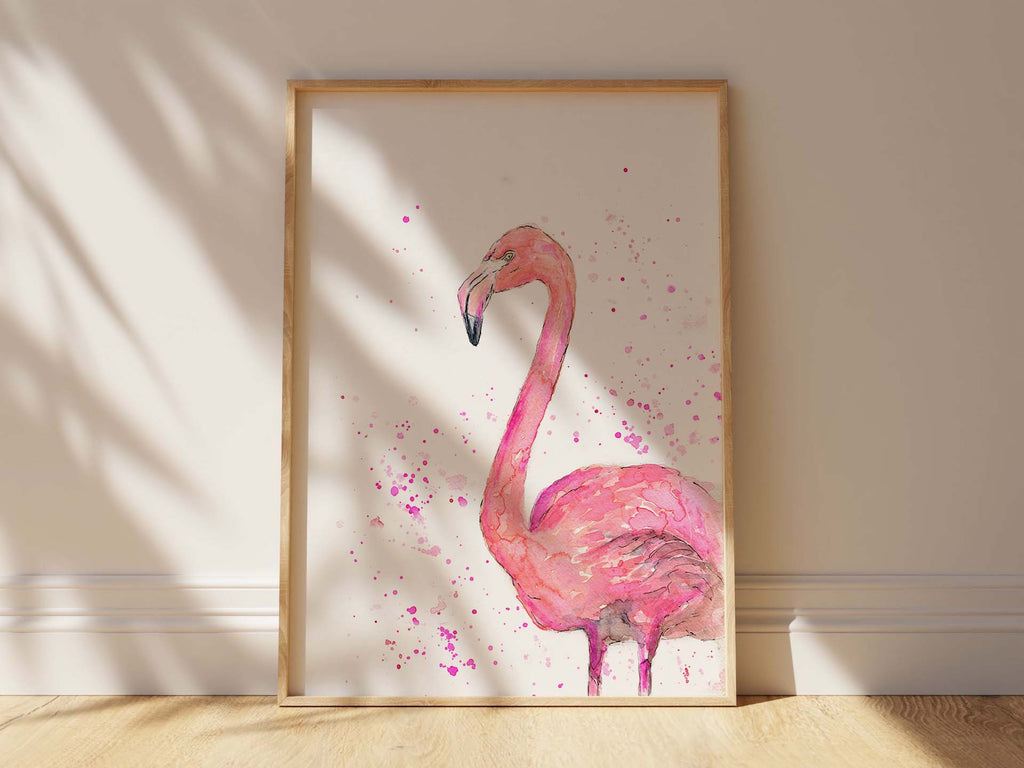 Artistic pink watercolor portrayal of a graceful flamingo, Elegant loose watercolor flamingo art in pink