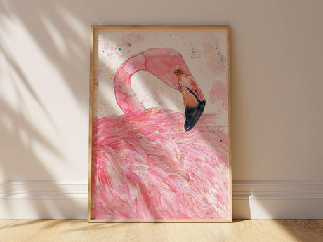 'Blush and Feathers' - Pink Flamingo Wall Art Print, Modern Pink Bird Watercolor for Elegant Modern or Tropical Inspired Home Decor