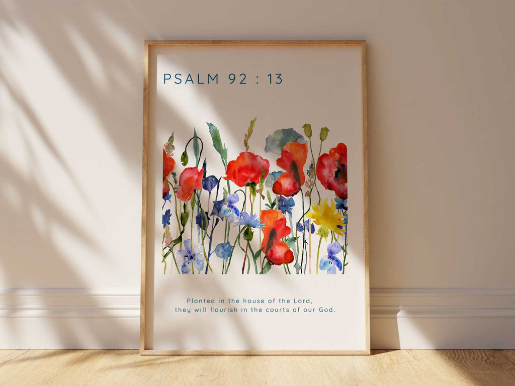Psalm 92:13 watercolor illustration for faith-inspired spaces, Psalm 92:13 watercolor wildflower print, psalm 92 wall art