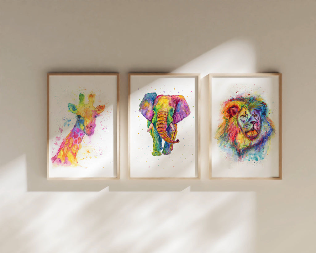Expressive and vibrant rainbow animal paintings for sale, vibrant animal art, rainbow wildlife prints, raintbow wildlife wall art