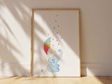 A bright and uplifting children’s bedroom print with a watercolor elephant and colorful rain.