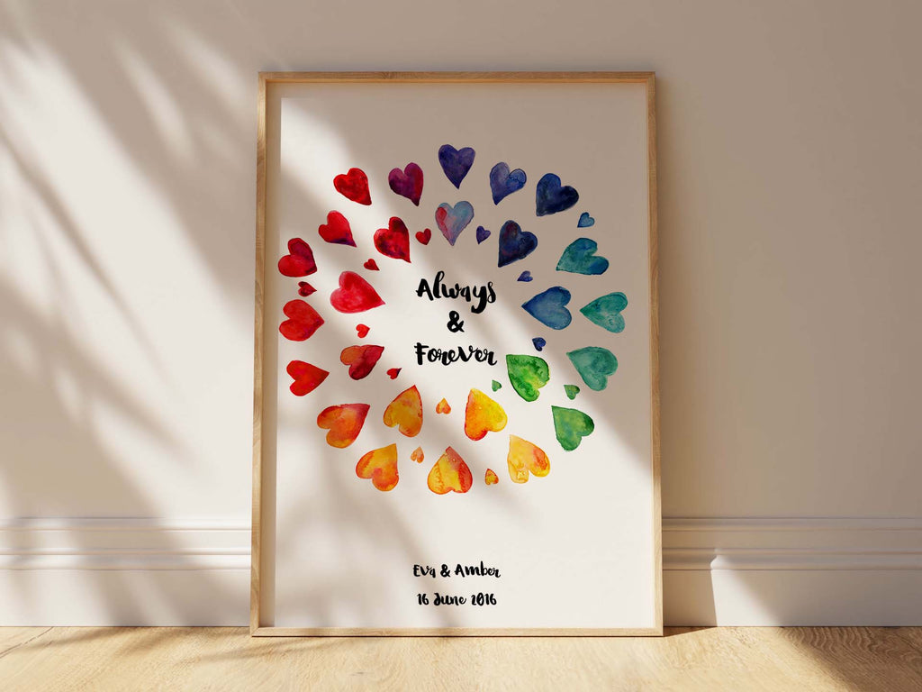 "Always and Forever" rainbow heart print for gay couples, Watercolour heart artwork with personal message for LGBTQ weddings