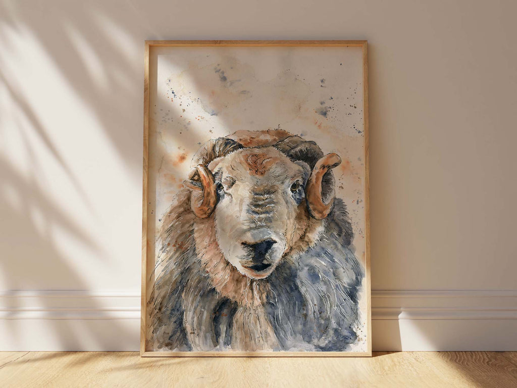 Elegant loose watercolour ram portrait for walls, Timeless pastoral charm in Herdwick sheep art print, Farmhouse chic: Loose watercolour