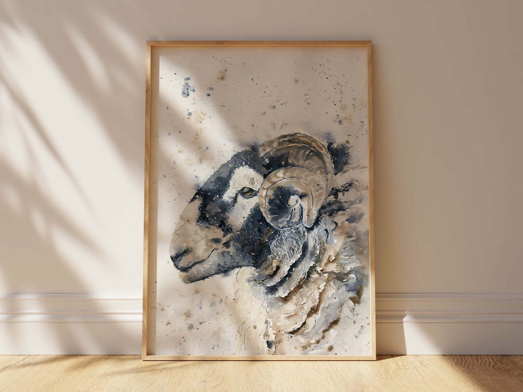 Distinctive sheep art for a touch of authenticity in farmhouse aesthetics, Farmhouse chic with loose watercolor Herdwick sheep head print