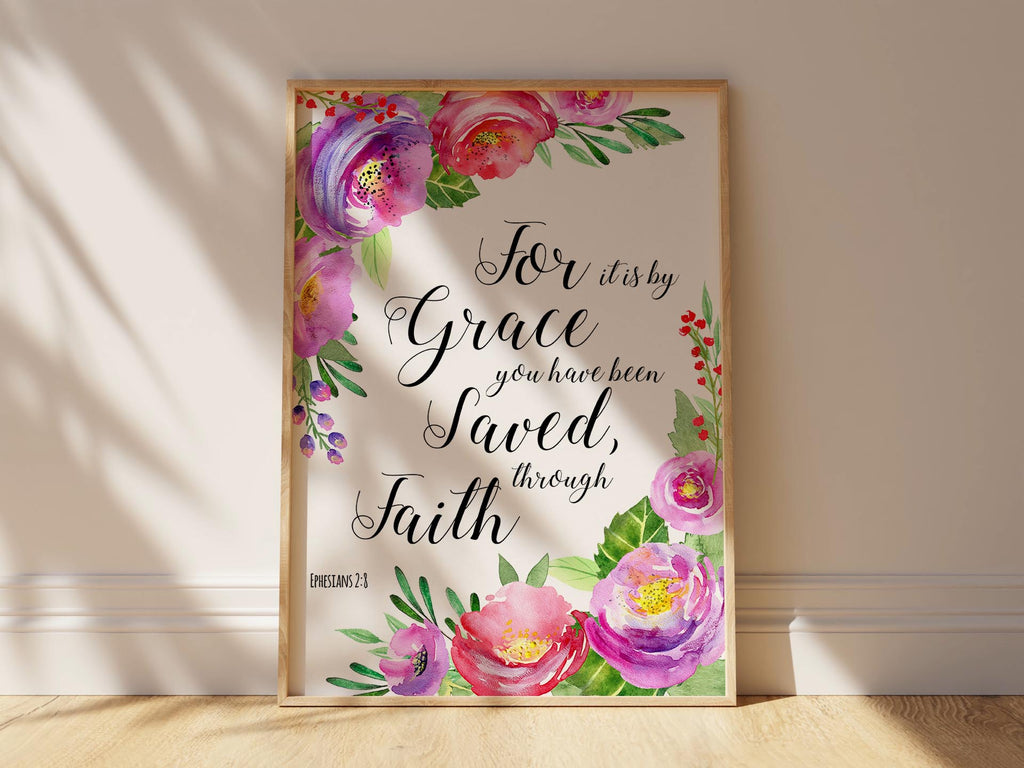 Floral grace through faith verse poster, Ephesians 2:8 pink floral Bible verse print, Christian wall art with Ephesians 2:8 in pink