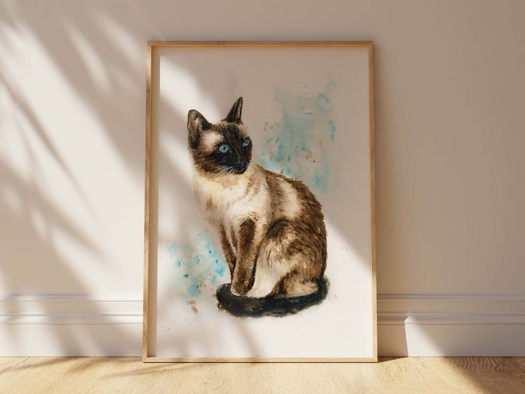 Elegant cat wall art for a cat-themed living room, Unique watercolour Siamese cat gift for her, Premium Siamese cat print 