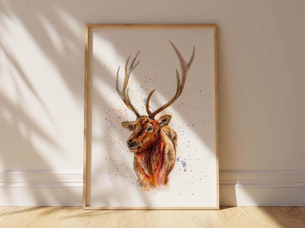 Rustic stag head art gifts for home, capturing the spirit of the wild, Unique watercolor deer head print, a statement piece