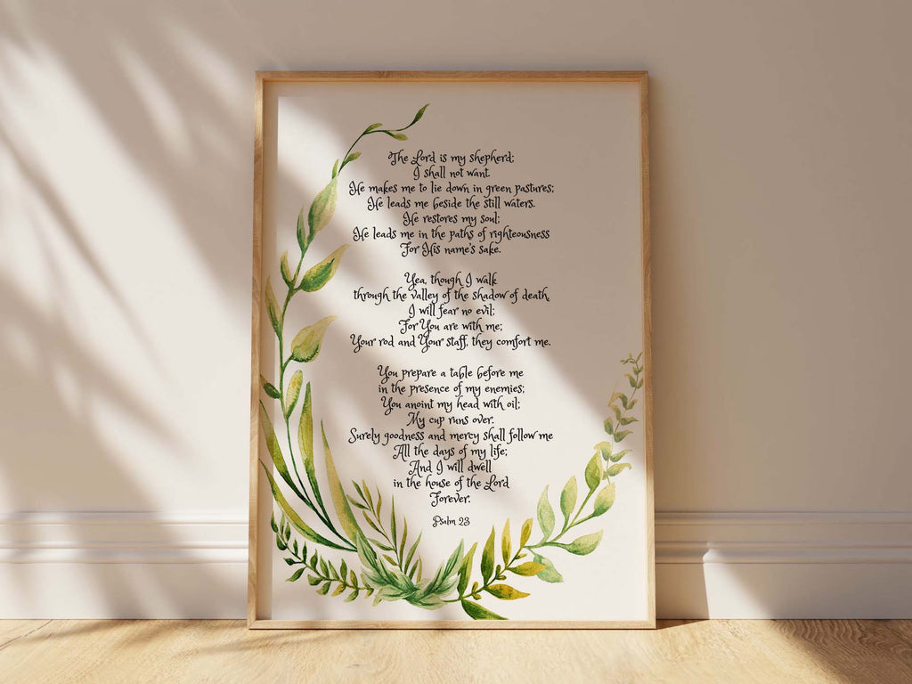 Inspirational print combining Psalm 23 and botanical wreath, Serene botanical backdrop for Psalm 23 scripture display