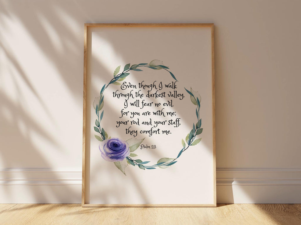 Tranquil home decor featuring Psalm 23:4 verse, Soothing minimalist art with comforting Bible words, Beautiful Psalm 23:4 print