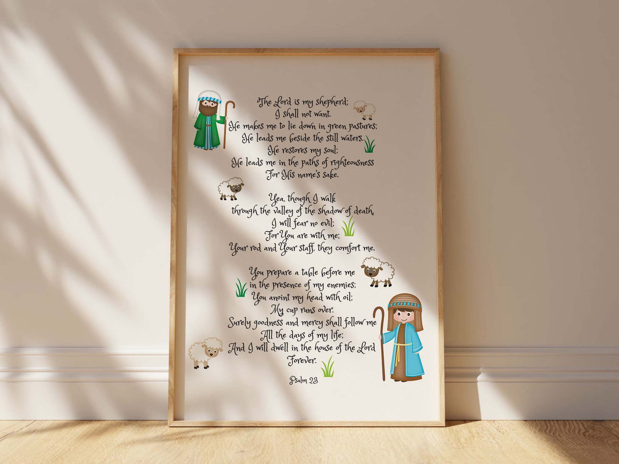 Psalm 23 children's artwork with sheep, Christian nursery decor - Psalm 23 kids print, Psalm 23 kids poster - Shepherd and sheep theme