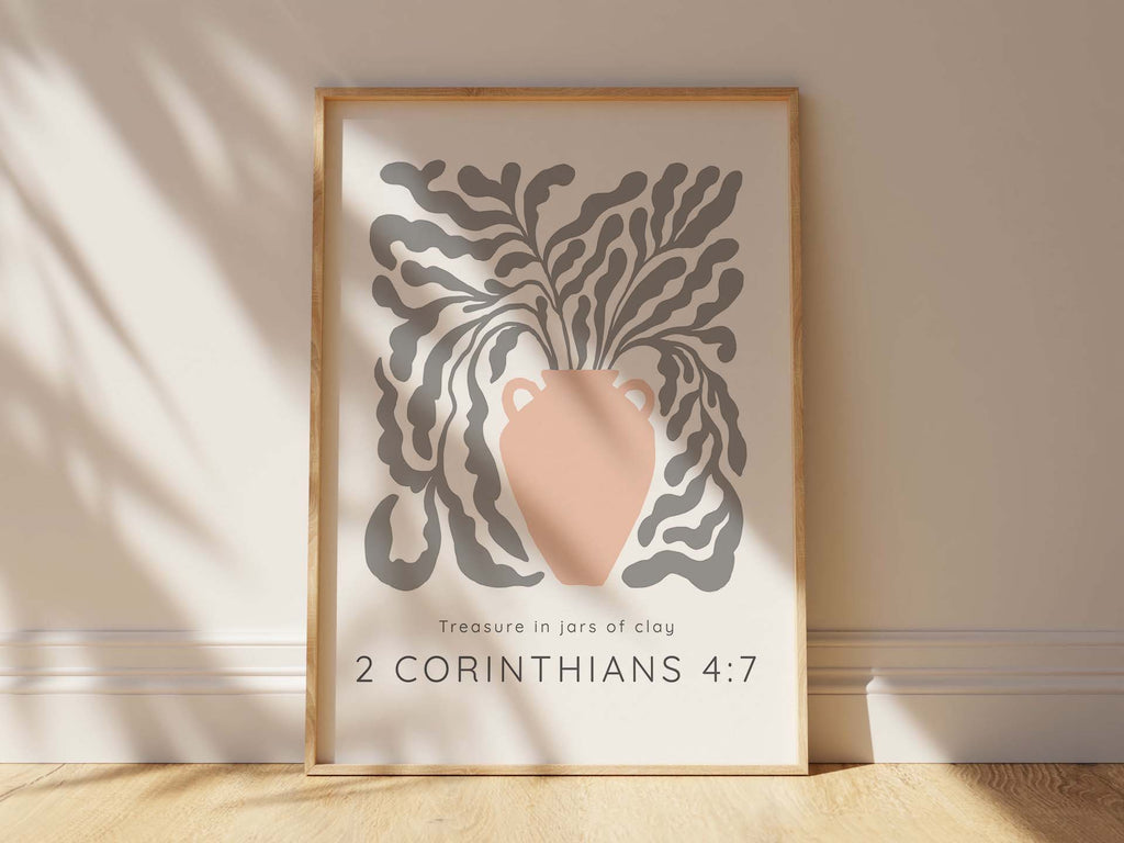 2 Corinthians 4:7 Verse in Peach and Grey, Biblical Quote Print with Vine and Pot Design, 2 Corinthians 4:7 Pastel Peach Pot Print