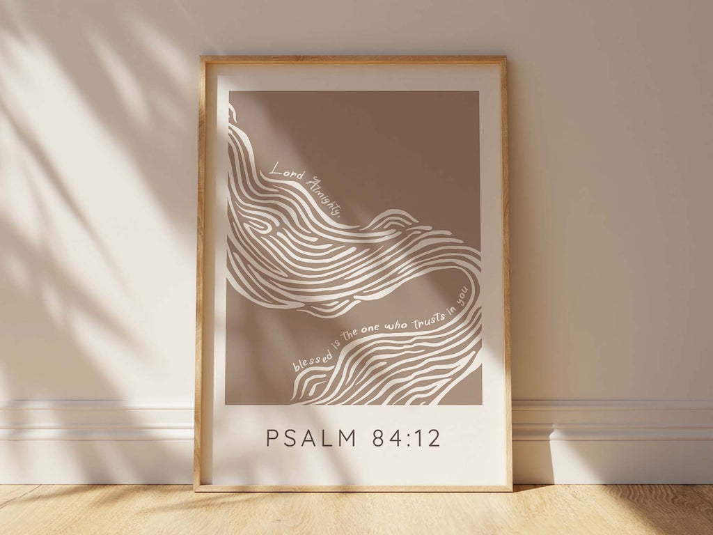 Graceful Psalm 84:12 Print - White Abstract River and Blessings of Trusting in the Lord on Tan