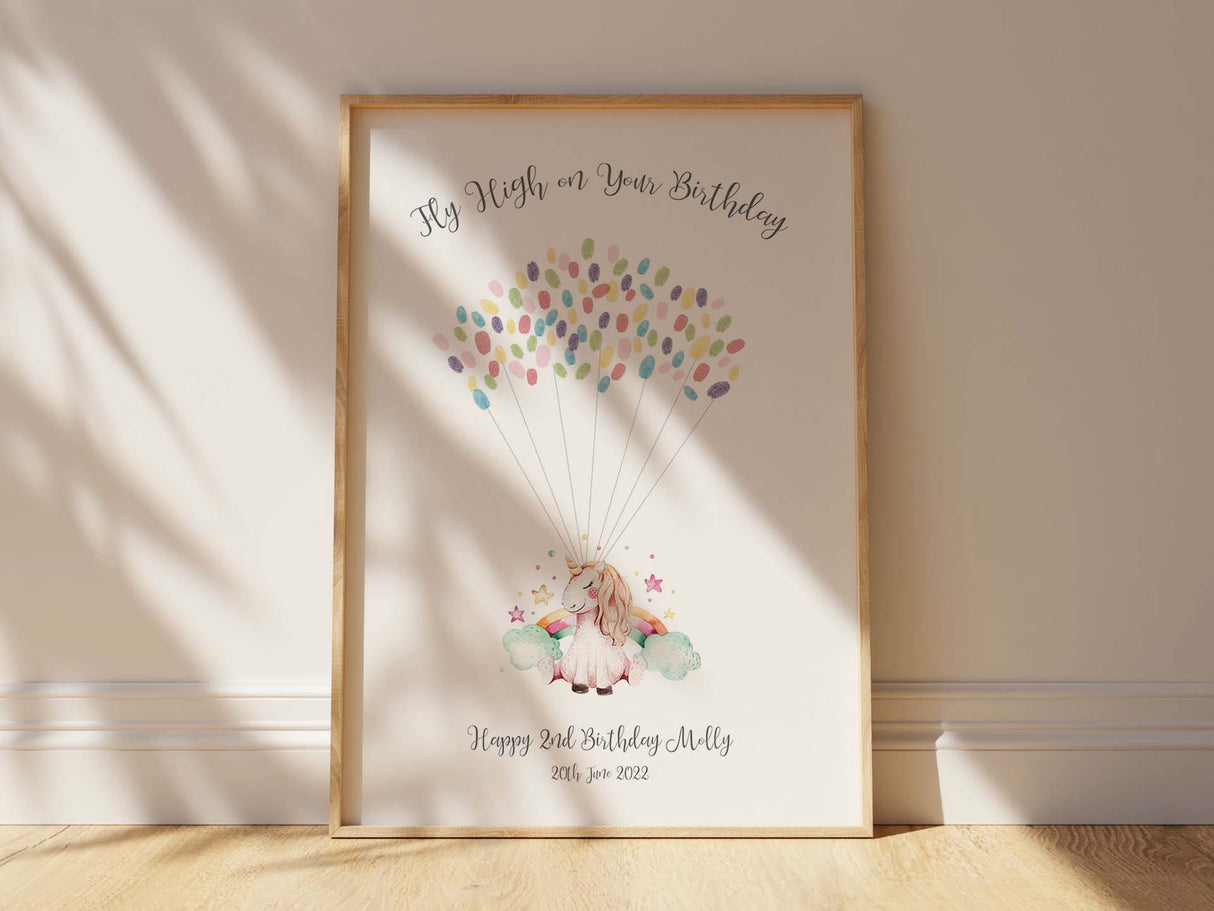 A unicorn print with floating balloon strings, designed for guests to create a fingerprint memory.