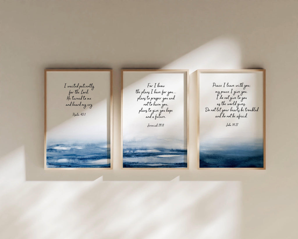 Blue Abstract Watercolor Bible Verse Prints Set of 3, Scripture Wall Art with Abstract Dark Blue Watercolor