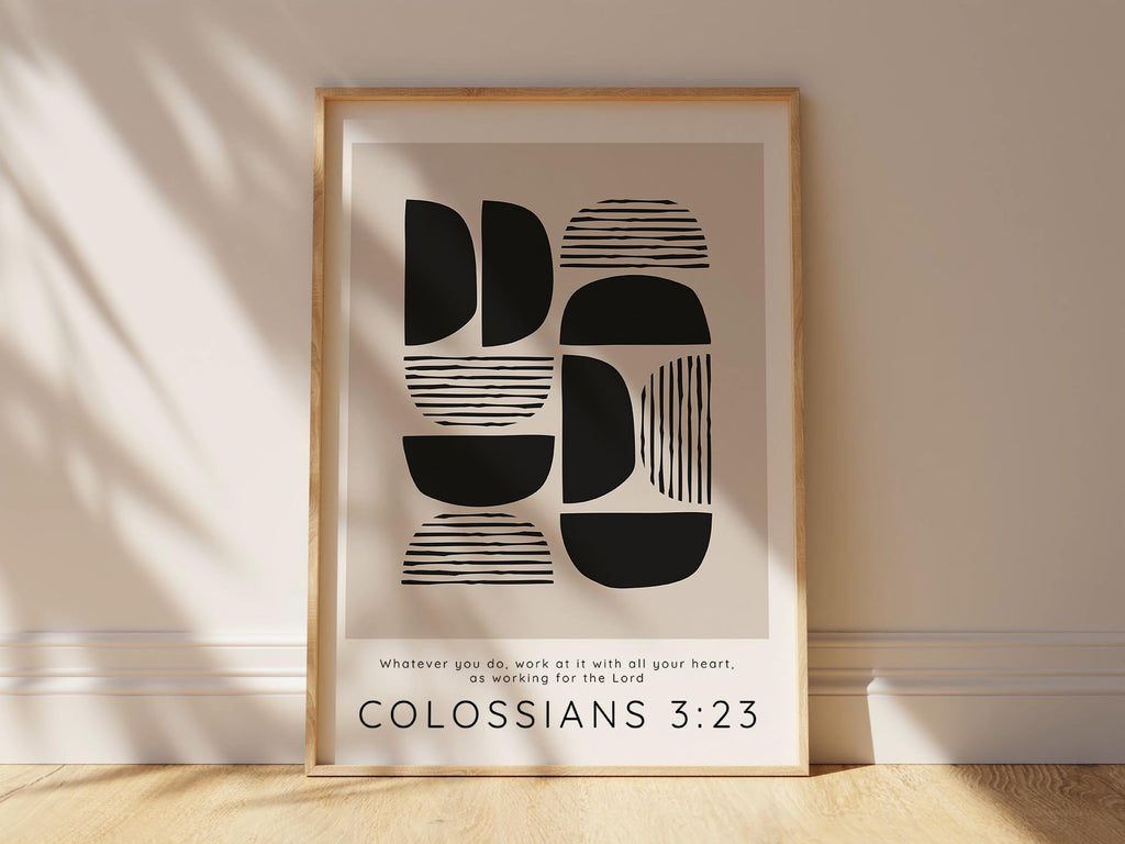 Elegant Black and Tan Abstract Print: Colossians 3:23 Office Quote for Inspired Workspace Ambiance