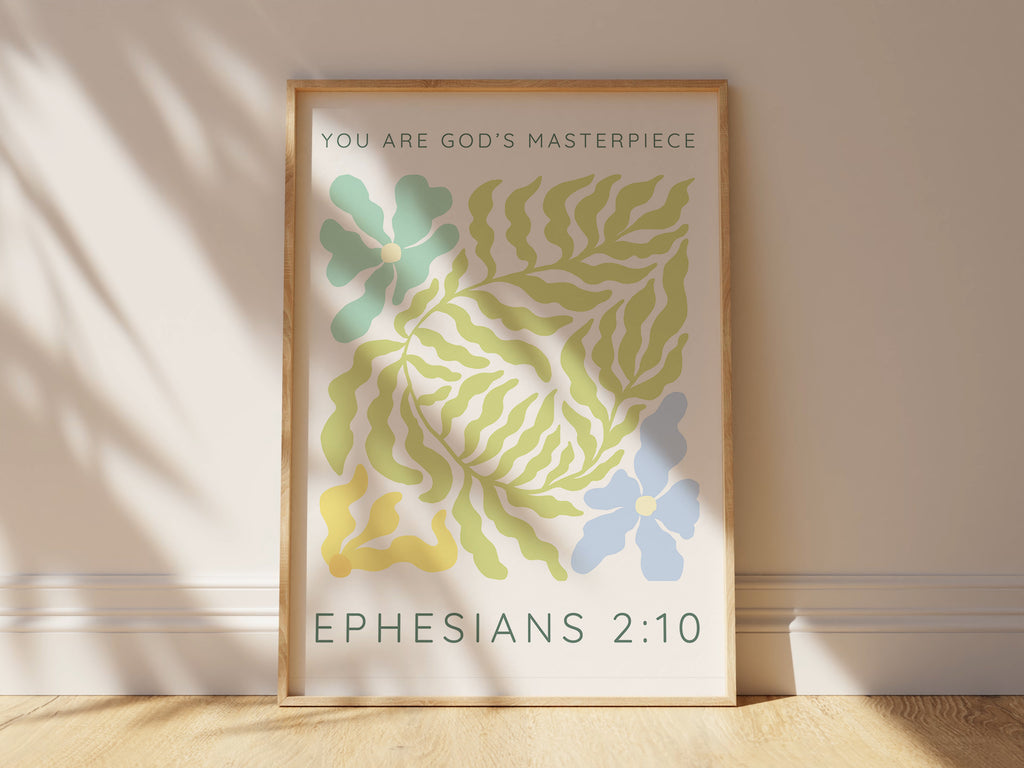 Gods Masterpiece floral print with Bible verse, Ephesians 2:10 floral masterpiece for home decor, modern christian art