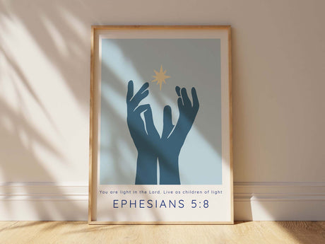 You are Light Christian Print, Blue Ephesians 5 8 Bible Verse Wall Art, Modern Inspirational Scripture Decor For Home Or Prayer Room
