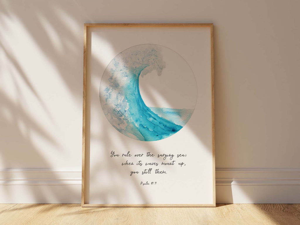 Find solace in God's power over the waves with a turquoise crashing wave Bible verse print from Psalm 89:9.