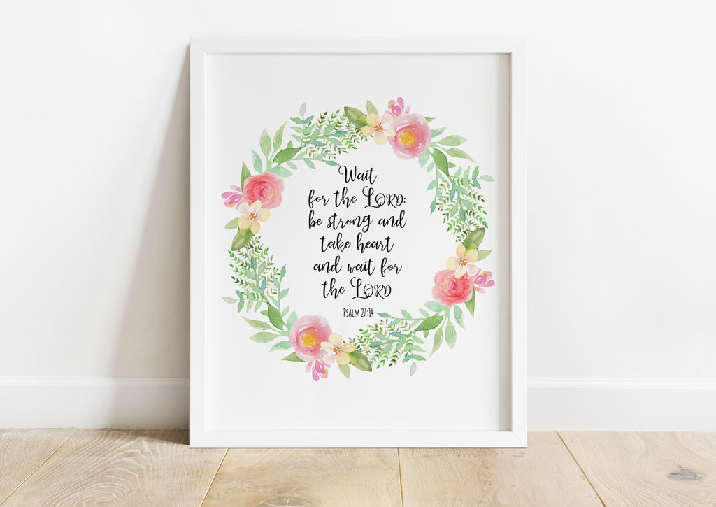 Elegantly Display Psalm 27:14 Quote Surrounded by a Floral Wreath in Watercolor Art
