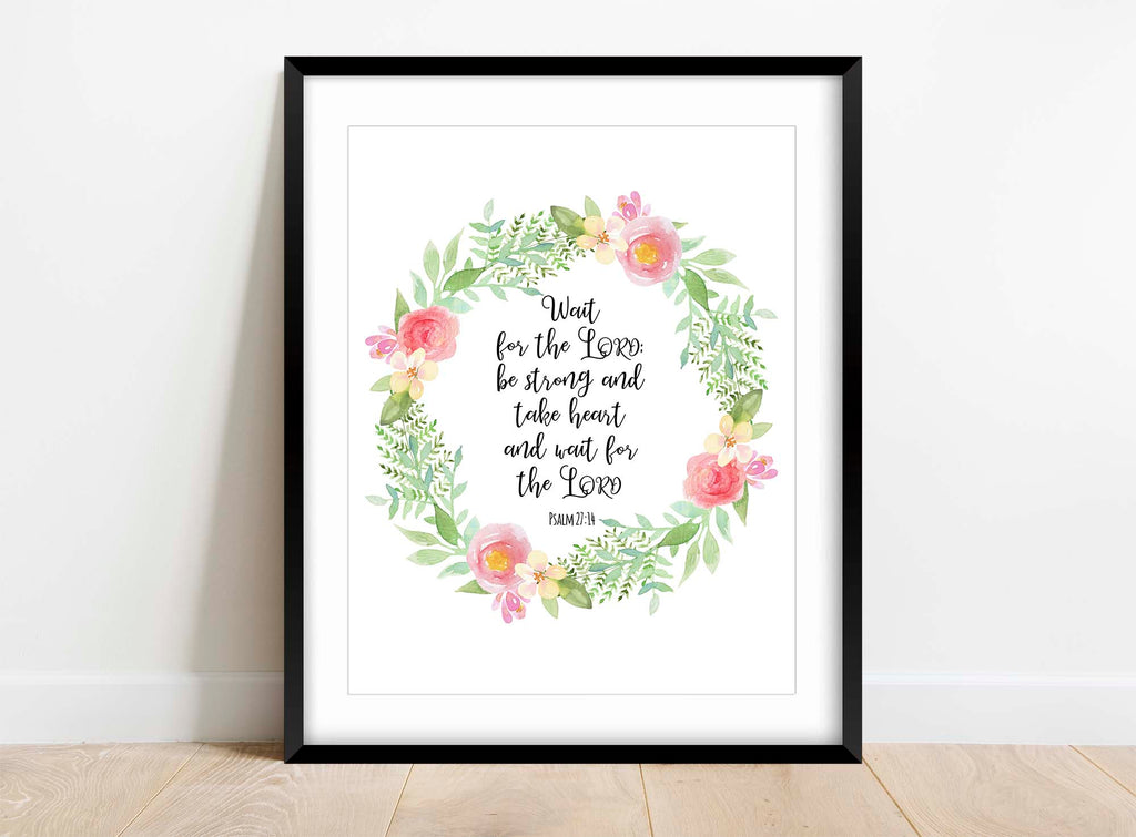 Enhance Your Space with a Graceful Watercolor Floral Wreath Print of Psalm 27:14.