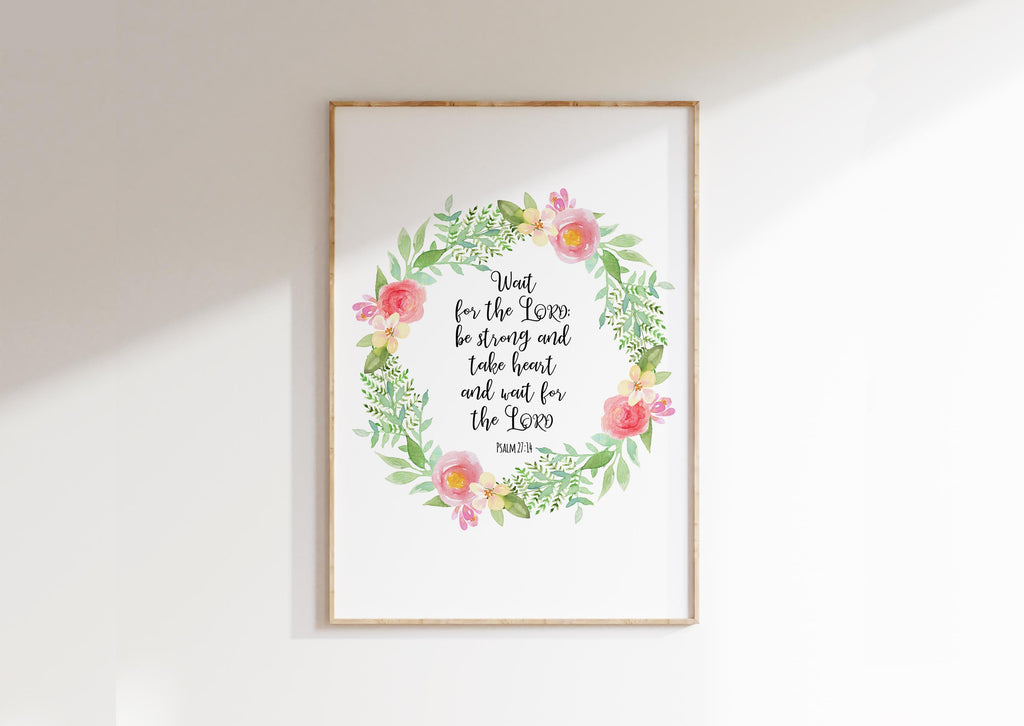 Inspirational Psalm 27:14 Quote Encircled by a Beautiful Watercolor Floral Wreath.