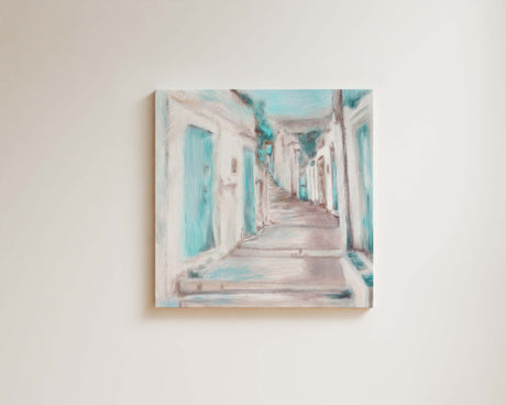 Calming abstract coastal decor in a square format with sea-coloured tones