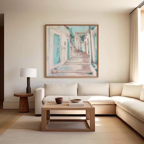 Gallery wall art print with warm neutrals and turquoise accents