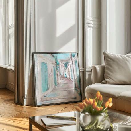 Abstract painting titled 'Wander' inspired by Greek streets in turquoise and sand tones