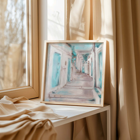 Abstract square painting with teal, white, and beige, evoking Greek summer