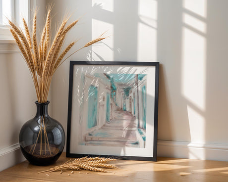 Fine art print with soft pastel coastal colours inspired by Greece