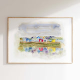 Loose watercolour art print of Dorset beach huts in red, green, yellow and blue