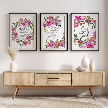 Set of 3 Christian prints featuring Psalm 46 10, John 3 16, and Joshua 1 9 with elegant floral designs.
