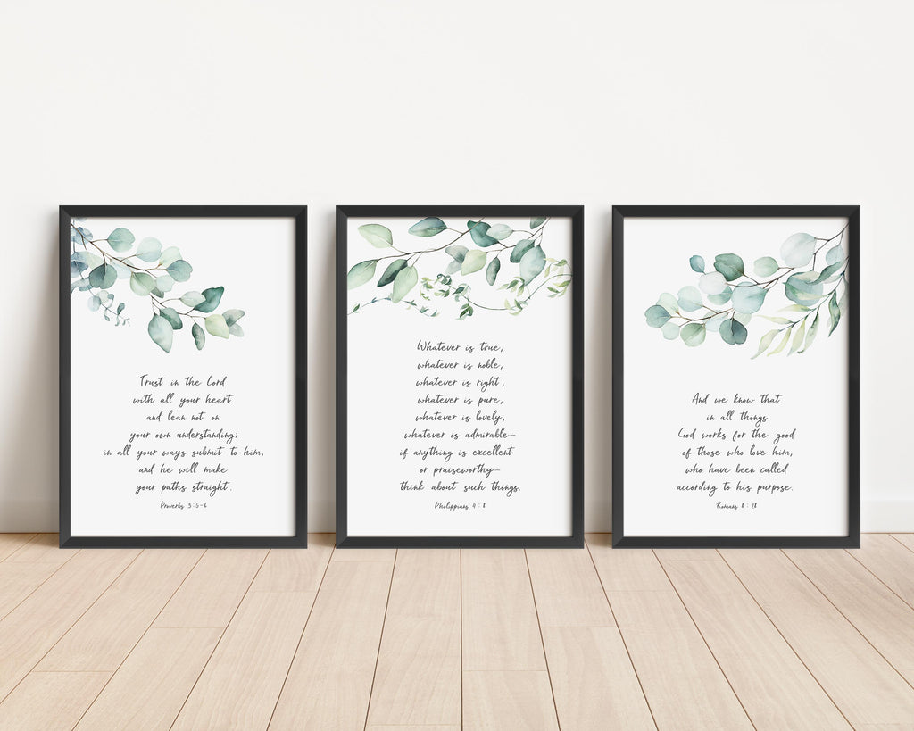 Contemporary Christian living room wall art, Thoughtful gift: Christian print set of 3, Proverbs 3:5-6 inspirational wall art