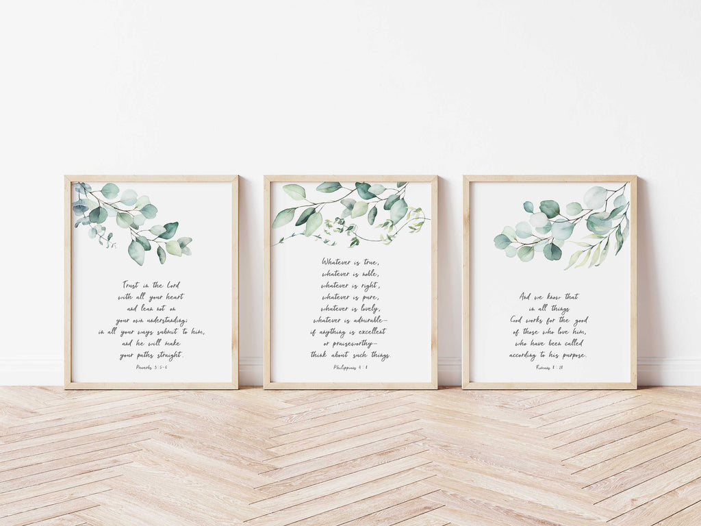 Botanical-themed Philippians 4:8 scripture prints, Christian home accents: Eucalyptus and verses art, Proverbs 3:5-6 inspirational decor