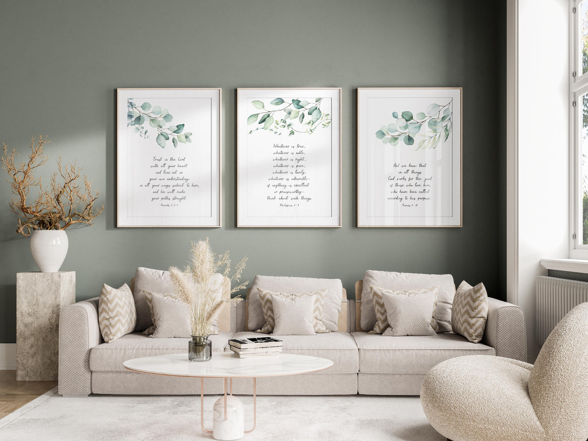 Bible Verse Print Set of 3, Christian Print Sets, Contemporary Art, Botanical Christian wall art with Bible verses, Bible verse prints set