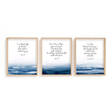 Set of 3 Scripture prints featuring Jeremiah 29 11, John 14 27, and Psalm 40 1 in blue abstract style.