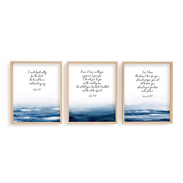 Set of 3 Scripture prints featuring Jeremiah 29 11, John 14 27, and Psalm 40 1 in blue abstract style.