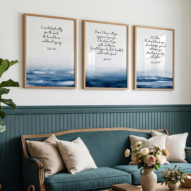 Psalm 40 1 watercolour Bible verse print with calming blue tones and faith-inspired message.