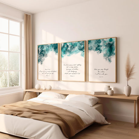 Alcohol ink Bible verse print set featuring Isaiah 43:2, Philippians 4:6, and Matthew 11:28 scriptures.