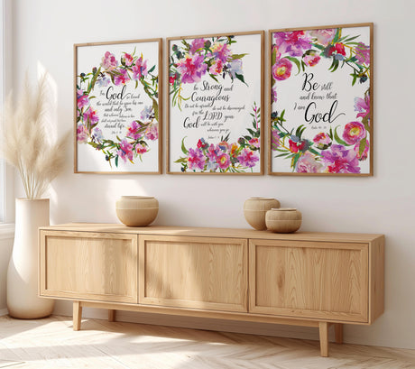 Joshua 1 9 floral Christian print with pink and red flowers encouraging courage and God’s presence.
