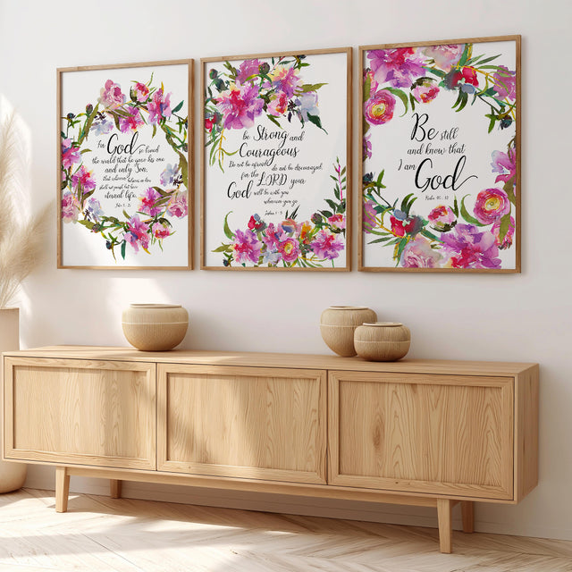 Joshua 1 9 floral Christian print with pink and red flowers encouraging courage and God’s presence.