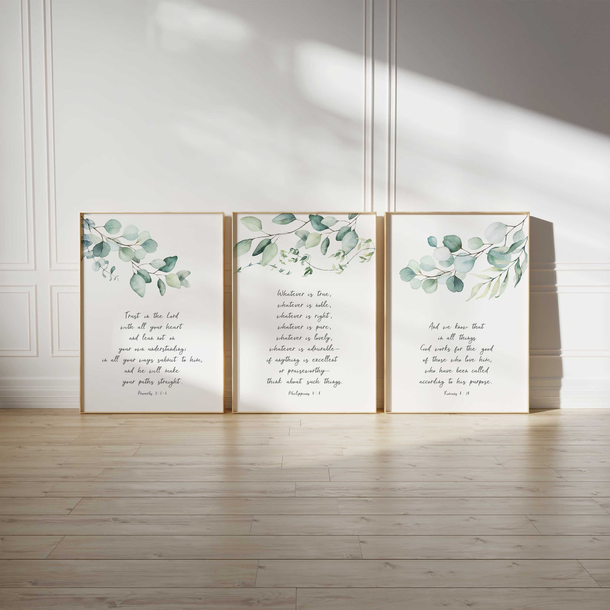 Christian home decor with Proverbs 3:5-6, Philippians 4:8 verse wall art set, Romans 8:28 Bible verse botanical prints