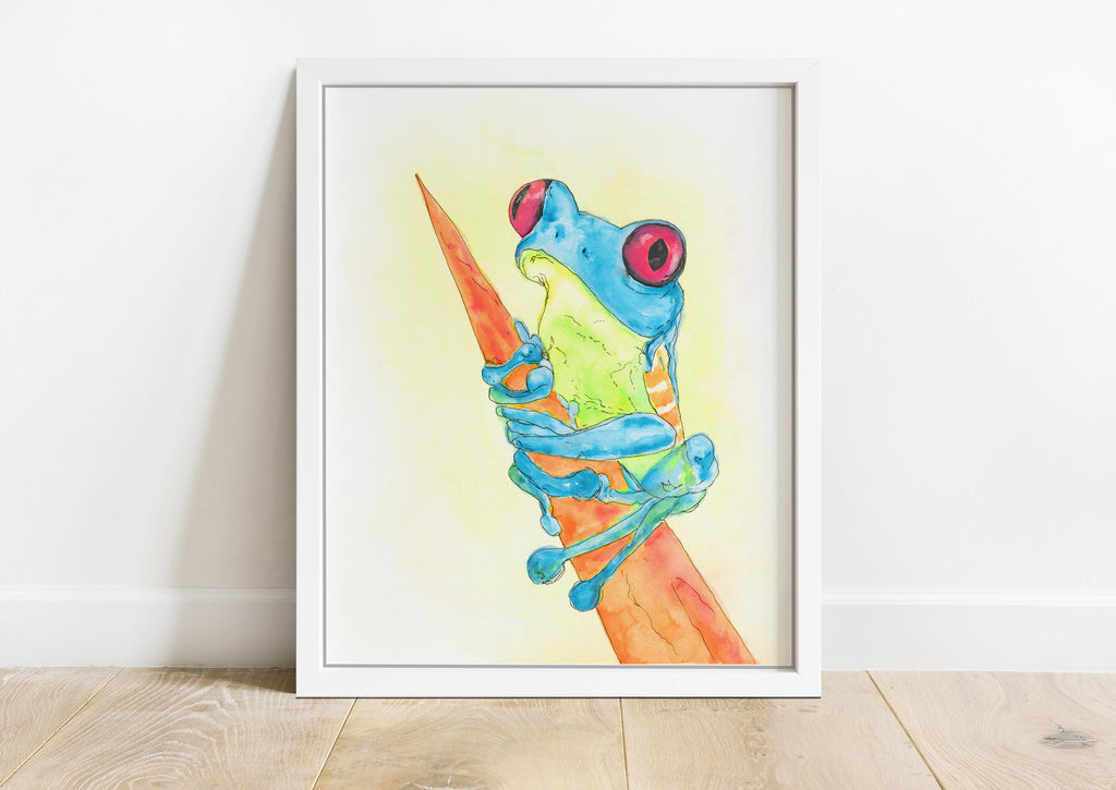 Serene blue watercolor frog wall art for tranquil home decor, Delicate watercolor amphibian print in shades of calming blue