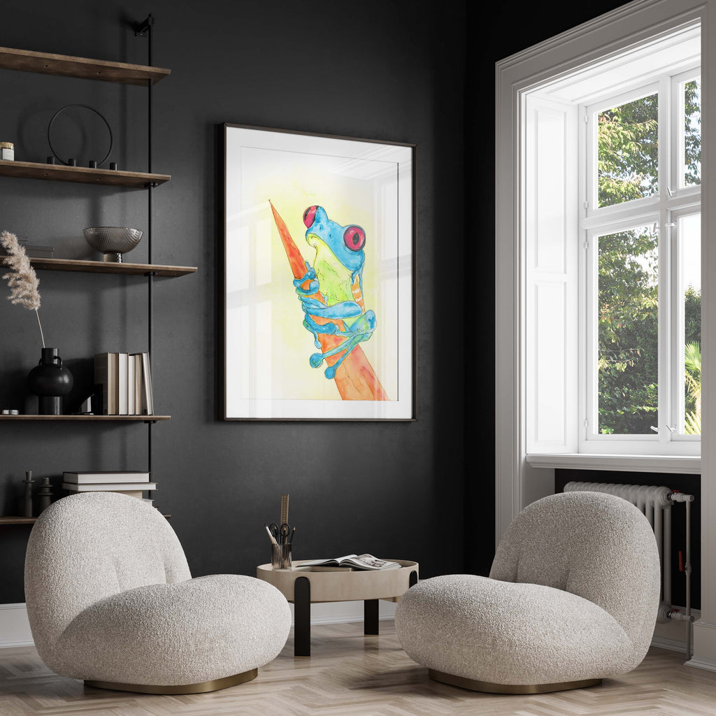 Unique frog art in soothing blue hues for nature-inspired interiors, Captivating watercolor frog wall print for sophisticated room accents