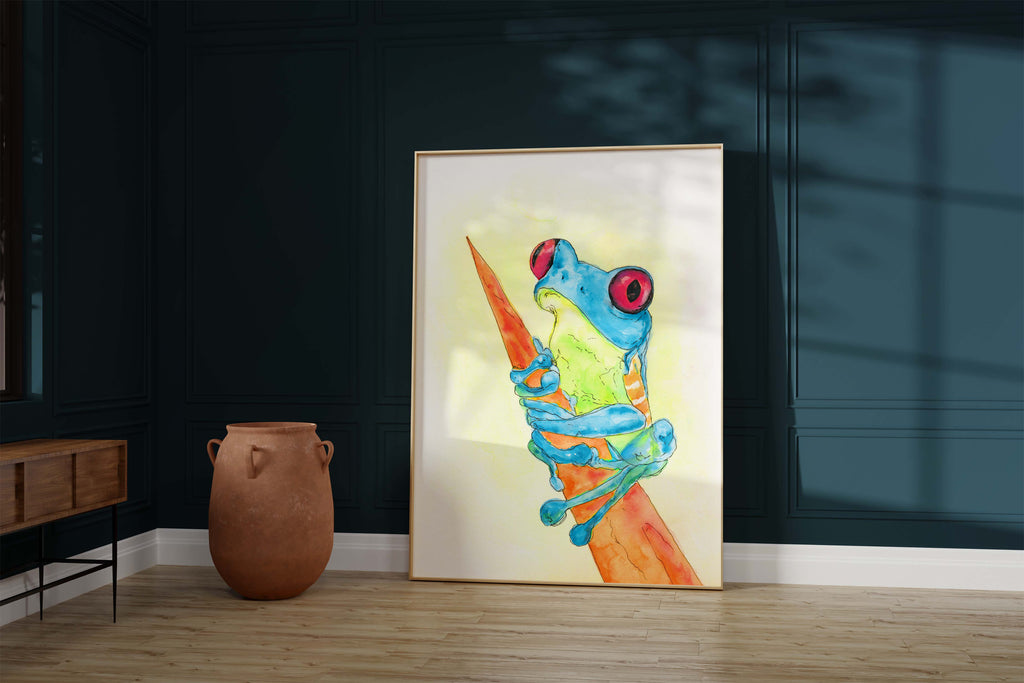Elegant blue amphibian artwork to elevate your living space, Whimsical frog wall decor in shades of blue for a touch of sophistication