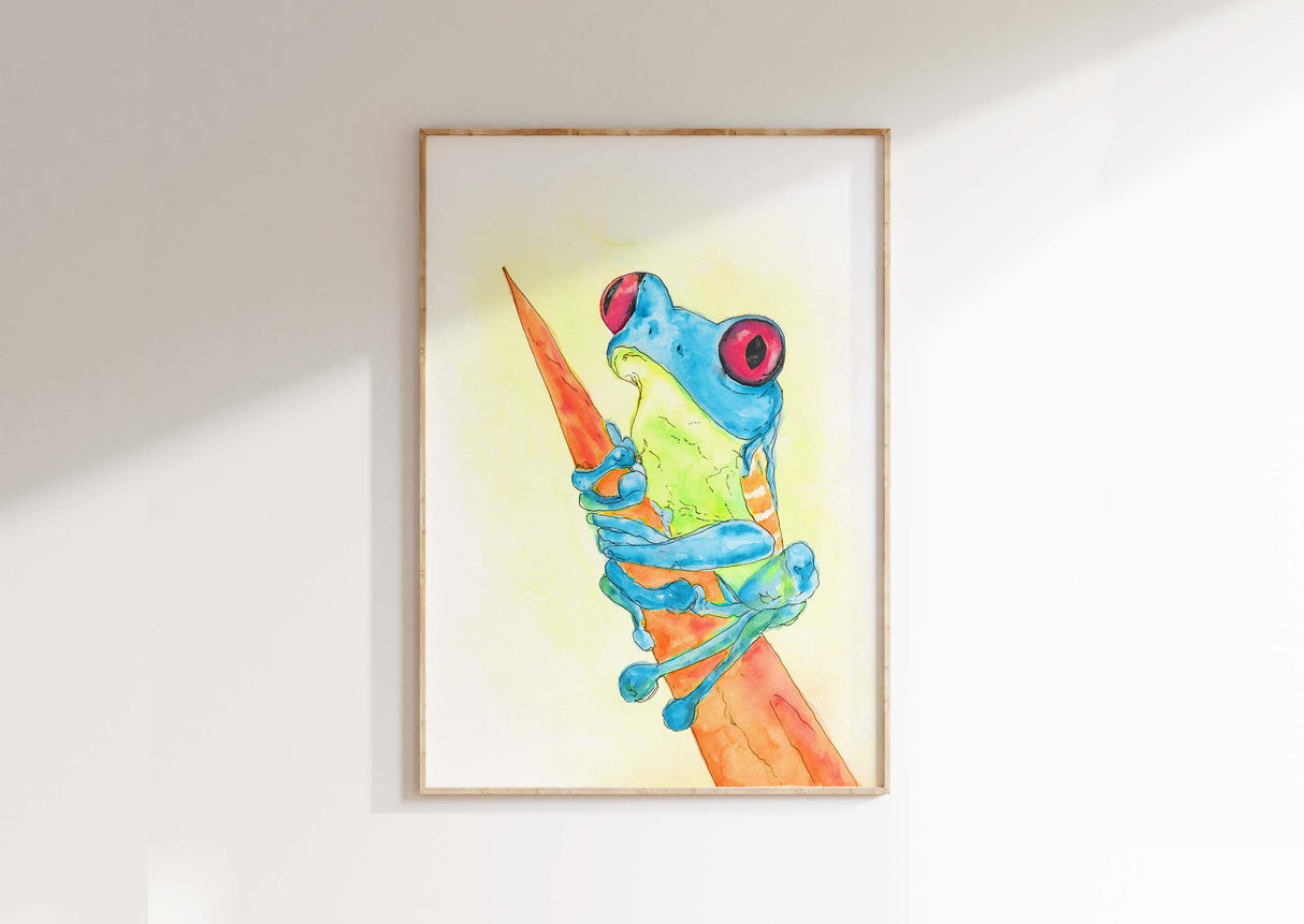 Serene blue watercolor frog wall art for tranquil home decor, Delicate watercolor amphibian print in shades of calming blue