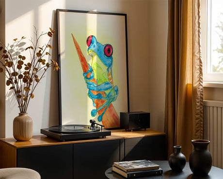 A calming blue frog watercolour print with soft brushstrokes, perfect for whimsical or nature-inspired home decor.