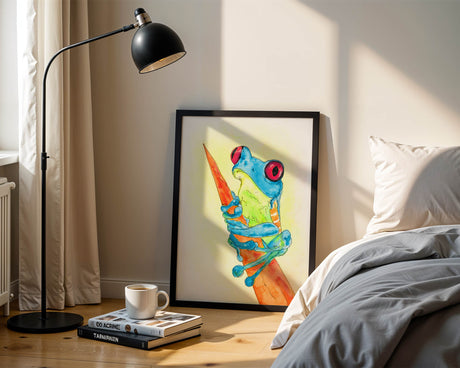 Tranquil blue frog art print, ideal for adding a peaceful, animal-themed touch to your living space or office.