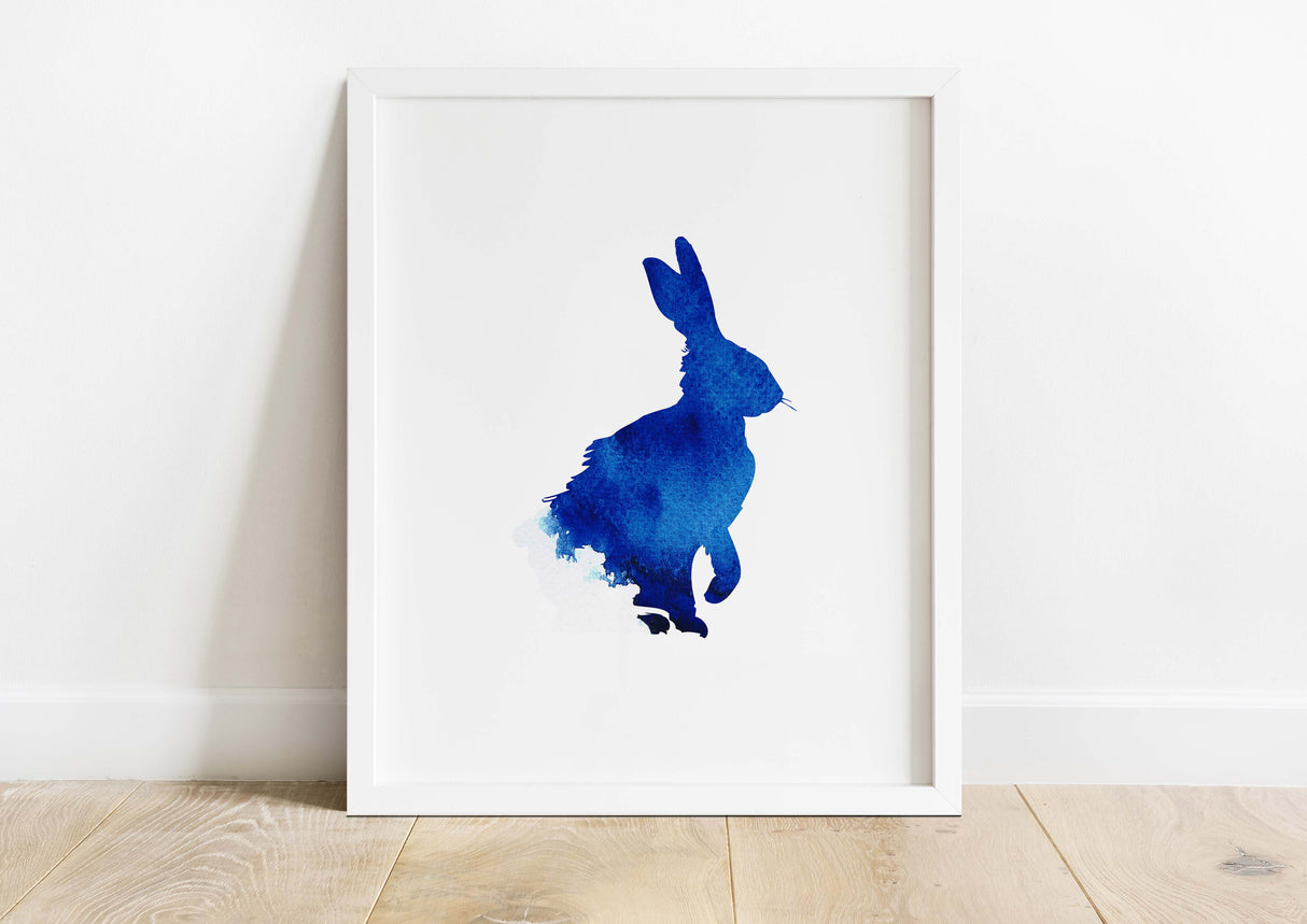 Minimalist hare print in blue watercolor, Abstract rabbit silhouette in calming blue, Soothing blue hare painting for modern decor